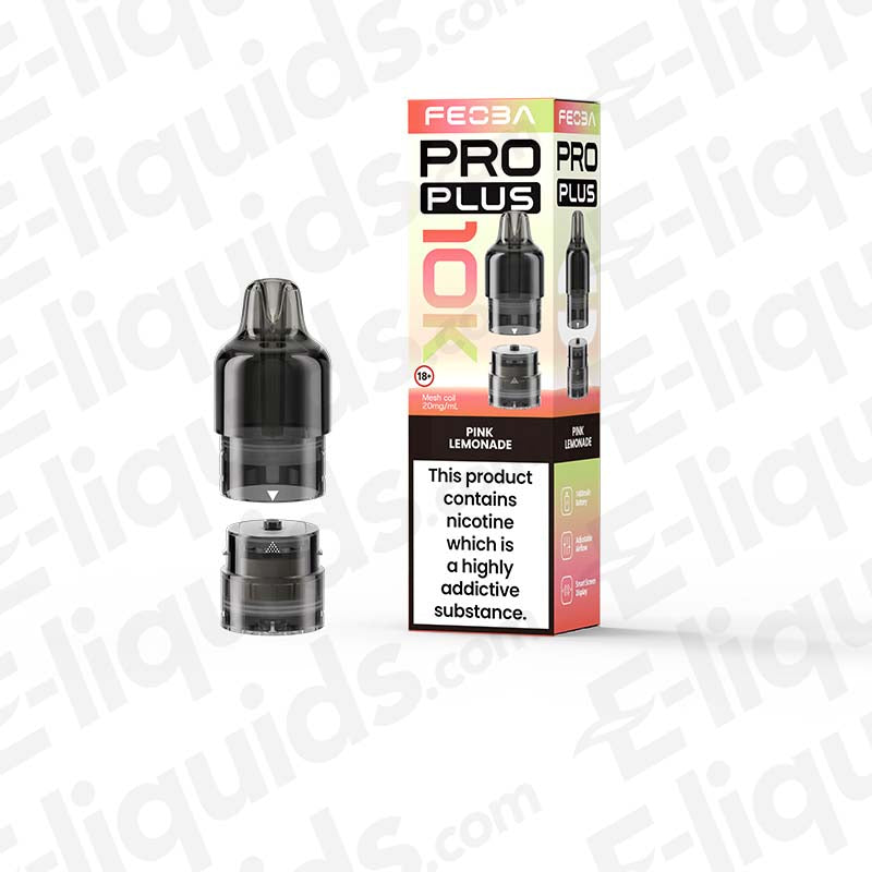 Feoba Pro Plus Pink Lemonade Prefilled Pod with zesty Lemonade and sweet red Berry notes in pink-green and white packaging.
