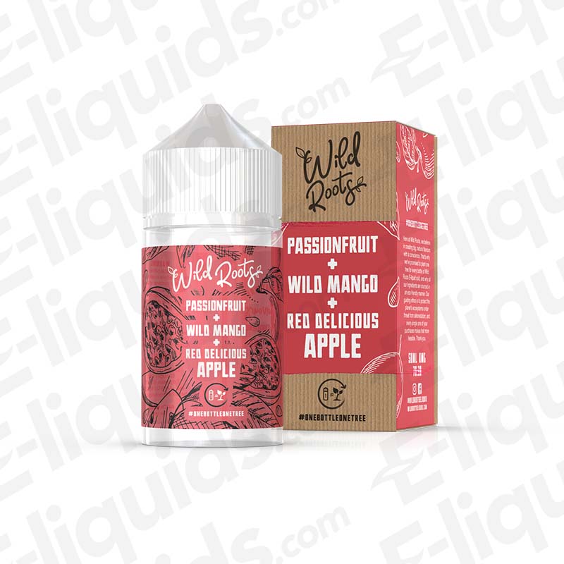 Passionfruit Shortfill E-liquid by Wild Roots featuring passionfruit, mango, and Red Delicious apple flavor, 50ml bottle.