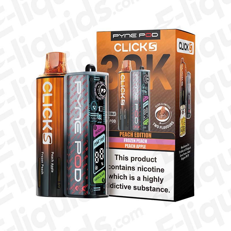 Pyne Pod Click S 30K Peach Edition Prefilled Pod Kit with juicy peach flavour in orange packaging, OLED screen and dual mode mesh coil