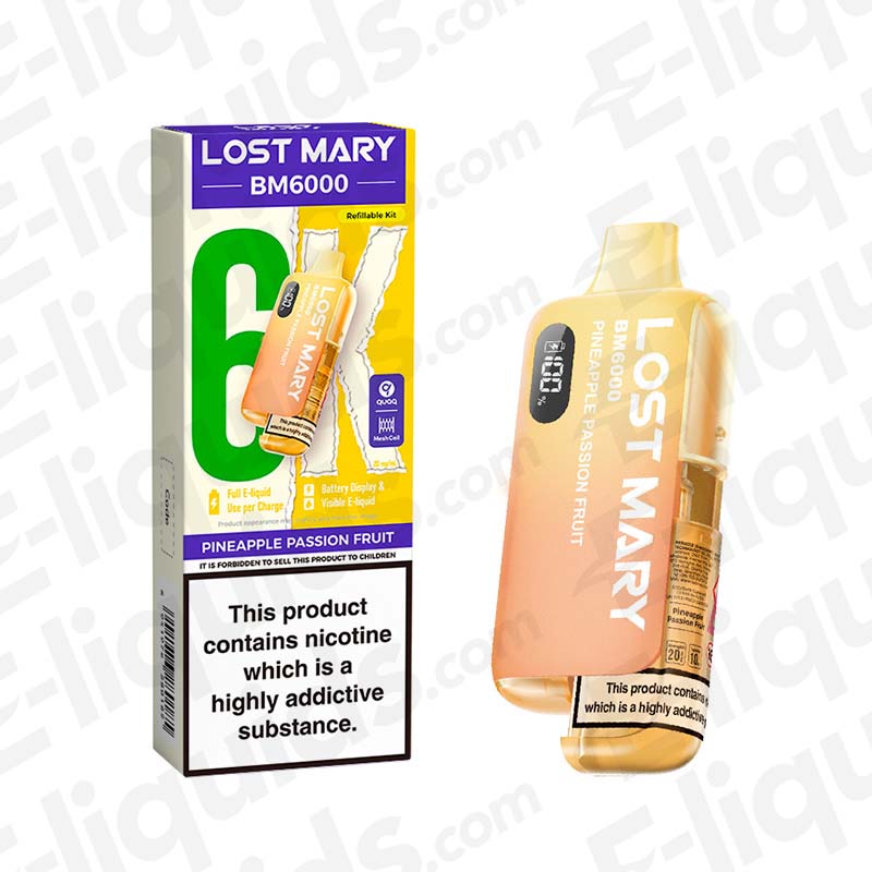 Lost Mary BM6000 Pineapple Passion Fruit Prefilled Pod Kit with tropical Fruit flavour and yellow-orange device.