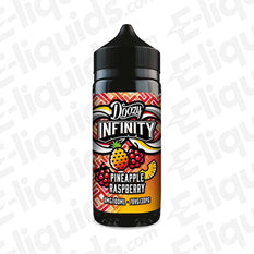 Doozy Infinity Pineapple Raspberry 70/30 100ml Shortfill with a tangy tropical backdrop and a light Berry echo in a black bottle with label.