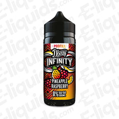 Doozy Infinity Pineapple Raspberry 50/50 100ml Shortfill with tropical Pineapple and tart Raspberry in a black bottle with label.