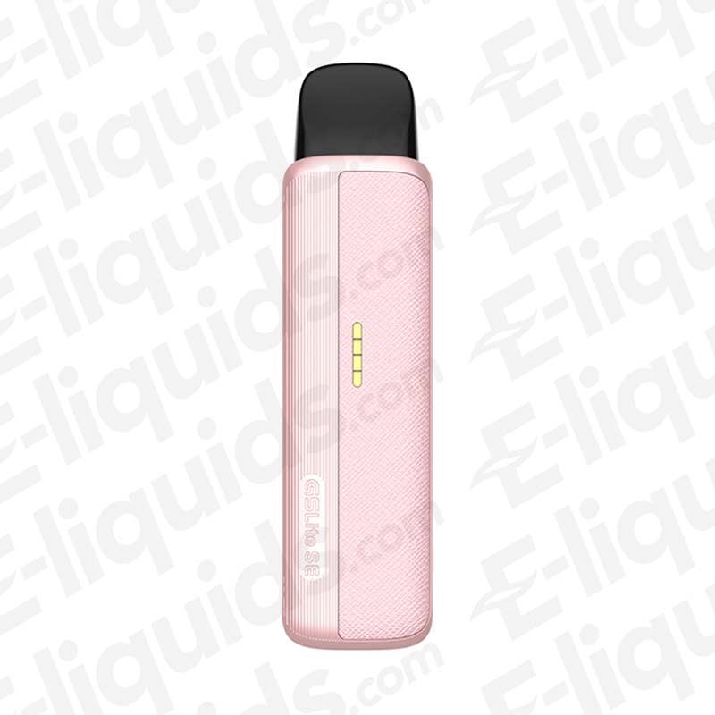 Uwell Caliburn G5 Lite SE Pink Leather Pod Kit in soft pink leather-texture body with black pod mouthpiece and LED battery indicator.