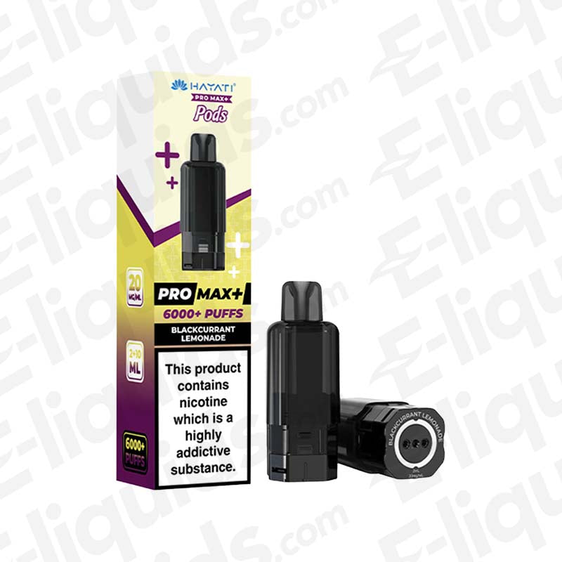 Hayati Pro Max Blackcurrant Lemonade Prefilled Pod with tart Blackcurrant and zesty Lemonade in deep purple and yellow packaging.