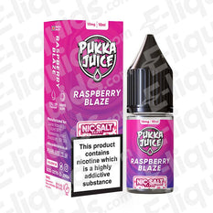Raspberry Blaze Nic Salt E-liquid by Pukka Juice in a 10ml bottle with vibrant packaging showcasing juicy berries.