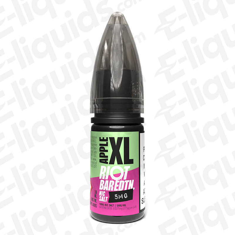 Apple Bar Edition XL Nic Salt by Riot Squad, featuring vibrant green and red apple flavors in a 5mg nicotine blend.