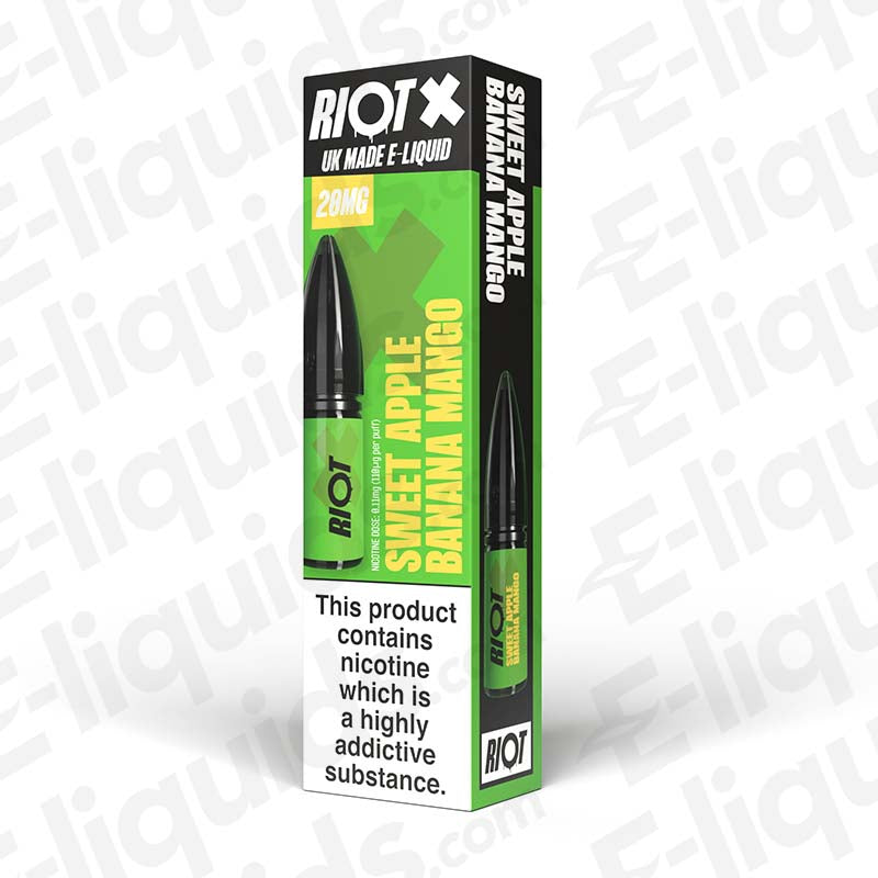 Sweet Apple Banana & Mango Nic Salt E-Liquid by Riot X 10ml bottle packaging with 20mg strength