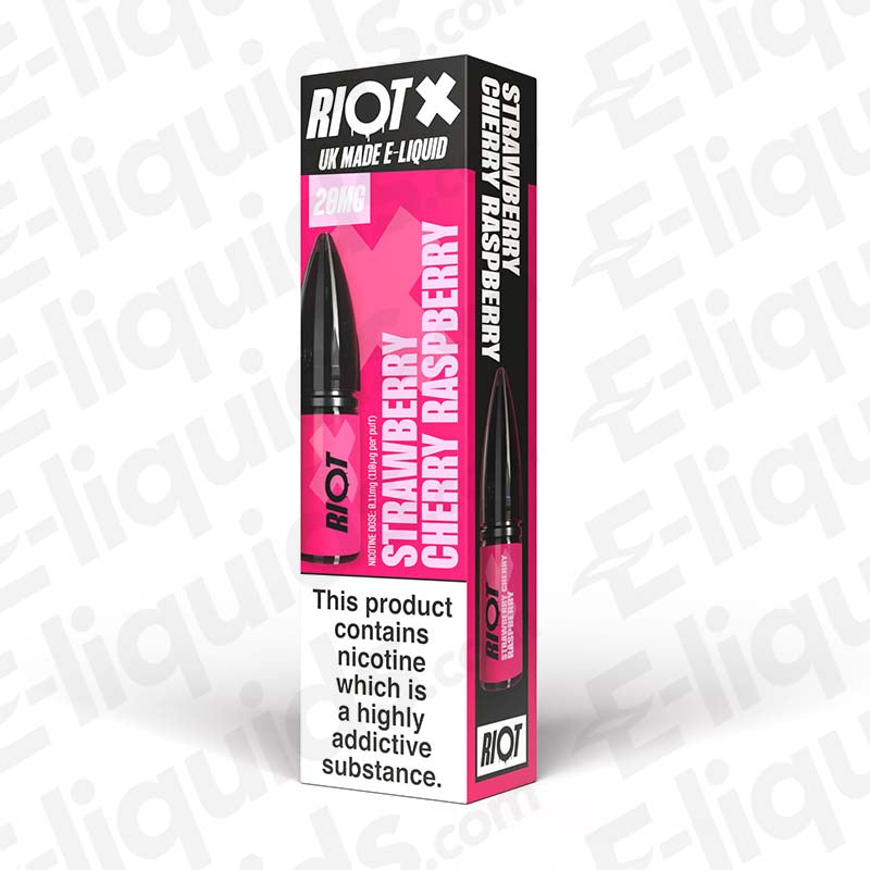 Strawberry Cherry Raspberry Nic Salt E-Liquid by Riot X 20mg in pink packaging
