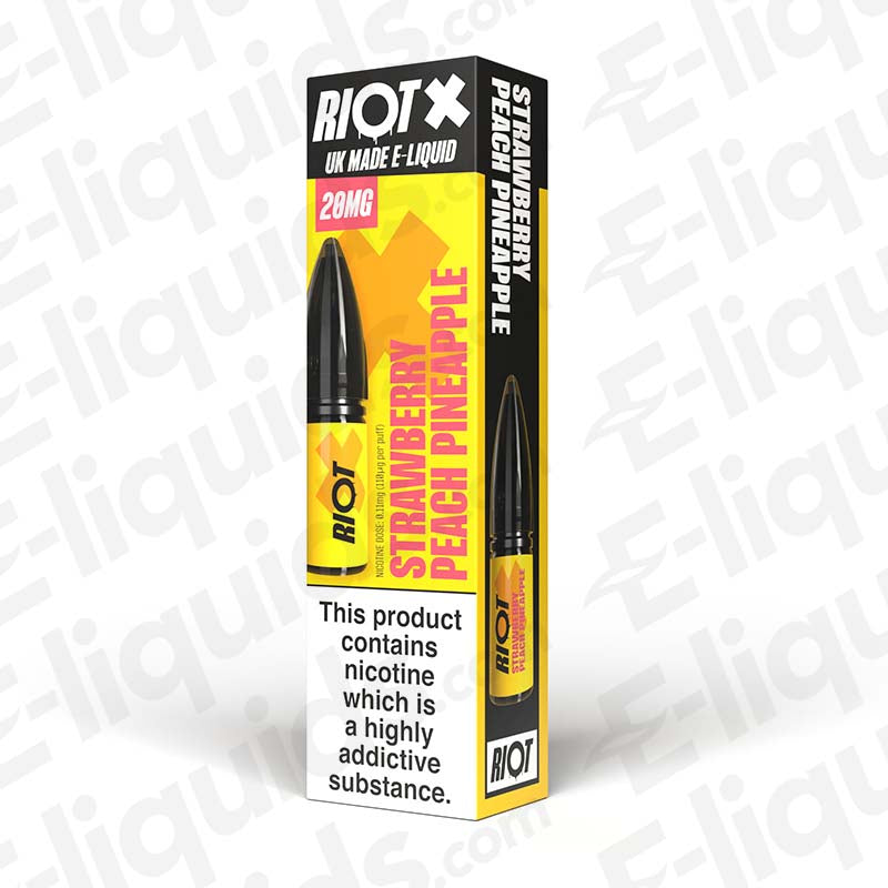 Strawberry Peach Pineapple Nic Salt E-Liquid by Riot X in 10ml bottle, perfect for pod kits, offering sweet and tangy fruit flavors.