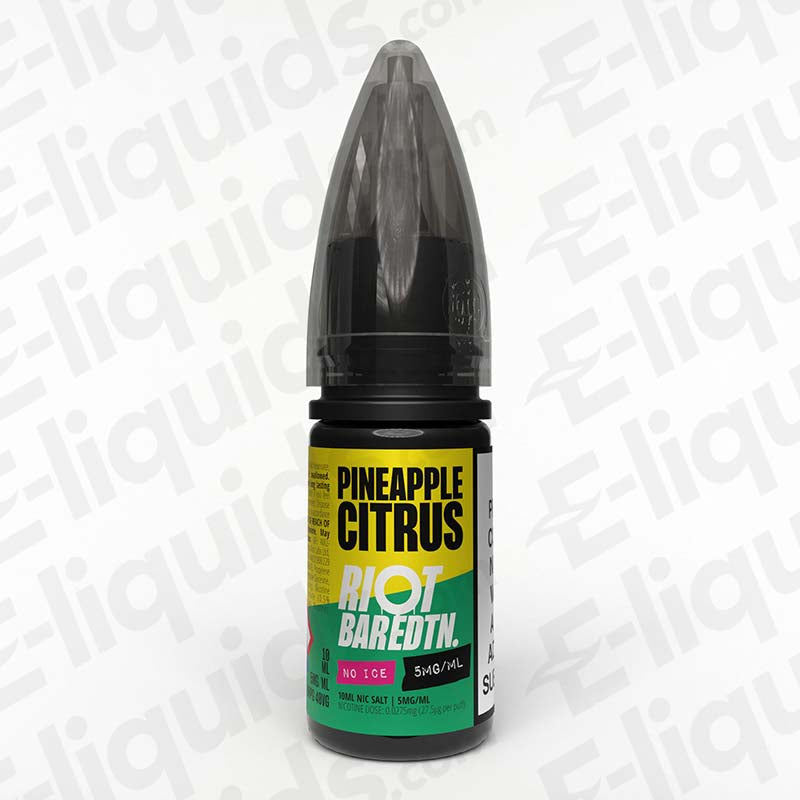 Pineapple Citrus Bar Edition No Ice Nic Salt E-liquid by Riot Squad in a 10ml bottle, showcasing vibrant branding and flavor details.