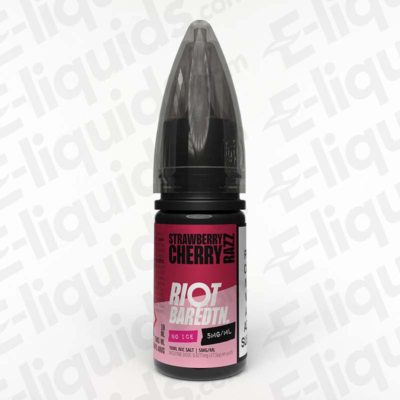 Strawberry Cherry Razz No Ice Nic Salt E-liquid by Riot Squad in a 10ml bottle with 5mg nicotine.