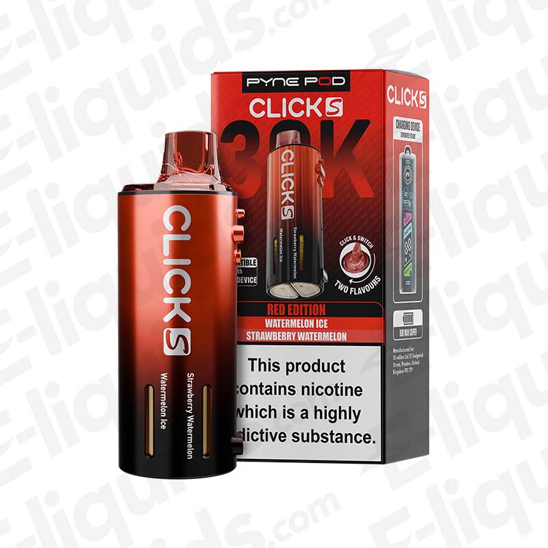 Alt Tag: Pyne Pod Click S 30K Red Edition Prefilled Pod with watermelon ice & strawberry watermelon in red and black packaging