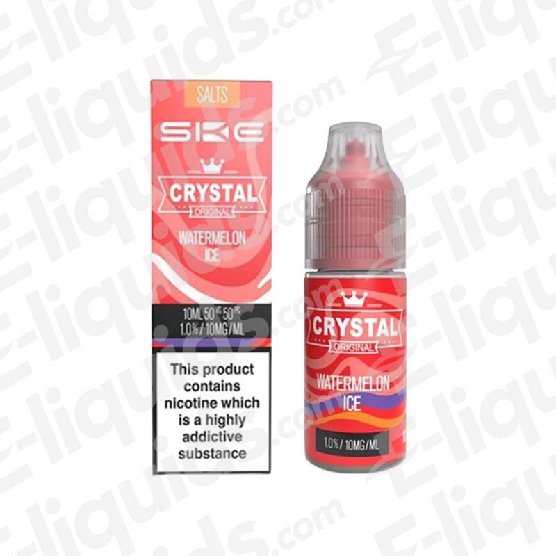 SKE Crystal Watermelon Ice Nic Salt E-liquid in 10ml bottle with vibrant packaging and warning label.