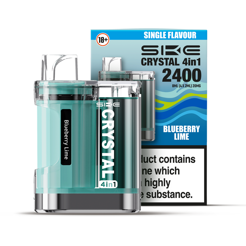 SKE Crystal 4in1 vape in blueberry lime flavor with packaging, showing 2400 puffs and 8ml capacity, suitable for adults aged 18 and over.