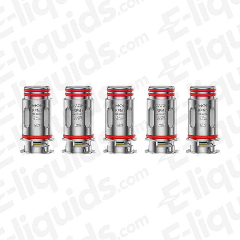 Five Smok RPM 3 replacement vape coils for SMOK RPM 5 Pod Kit, featuring 0.15 and 0.23 ohm resistance, mesh design for enhanced flavor.