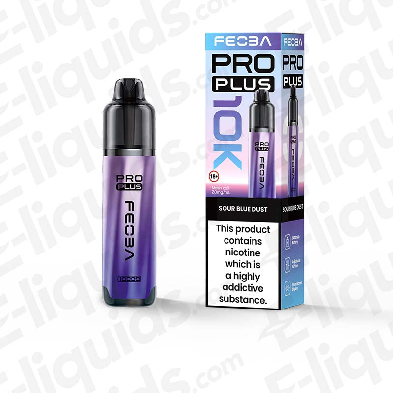 Feoba Pro Plus Sour Blue Dust Prefilled Pod Kit with sugary Raspberry and sour candy in bright blue and white packaging.