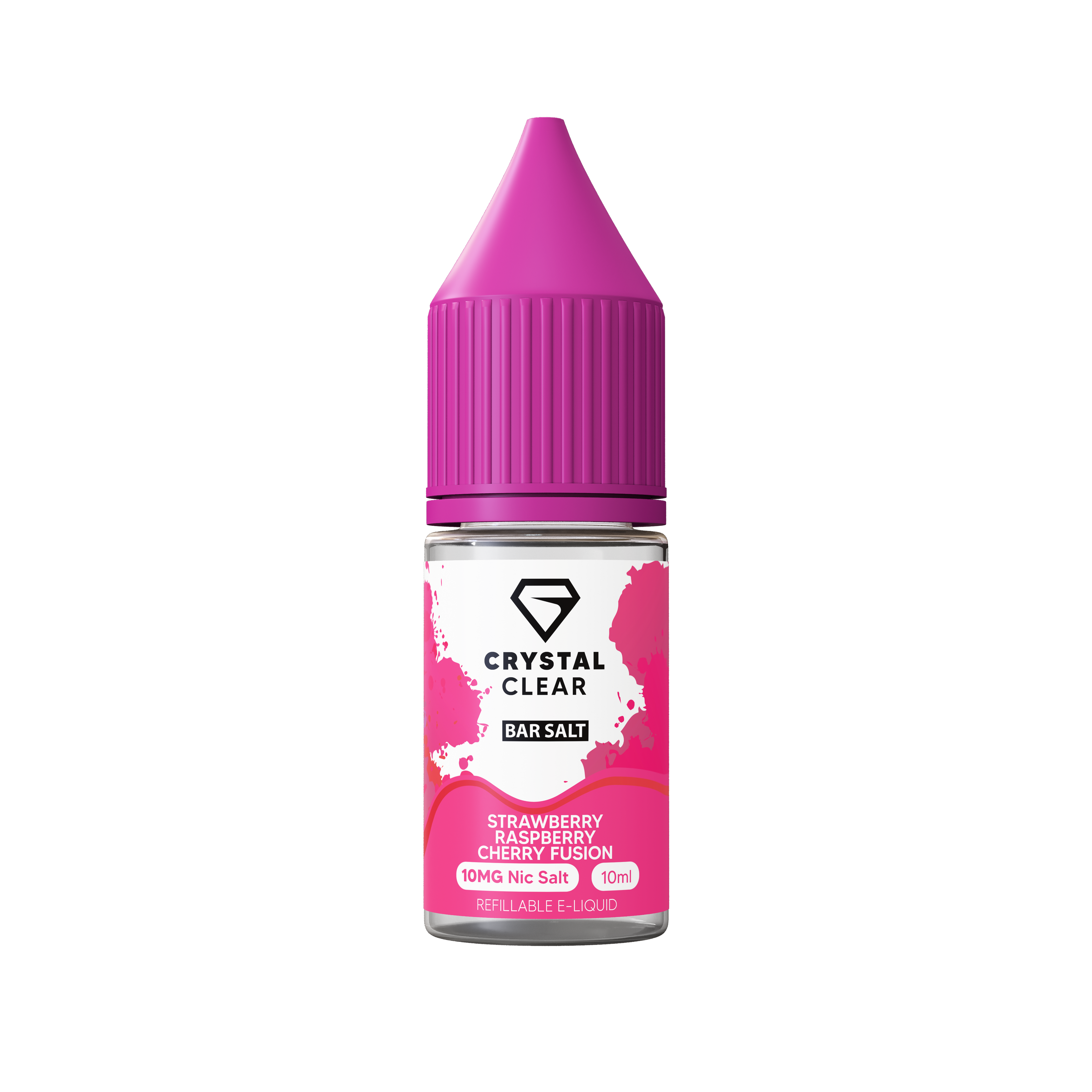 Crystal Clear Bar Salts Strawberry Raspberry Cherry Fusion Nic Salt 10mg e-liquid bottle with pink cap.