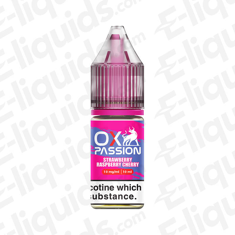 Strawberry Raspberry Cherry OX Passion Nic Salt E-liquid by OXVA, 10mg, featuring a blend of strawberries, raspberries, and cherries.