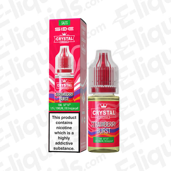 Strawberry Burst Nic Salt Eliquid by SKE Crystal in a bottle with colorful packaging, featuring ripe strawberry graphics.