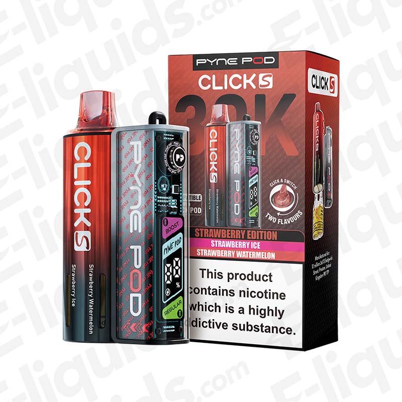 Pyne Pod Click S 30K Strawberry Edition Prefilled Pod Kit with sweet strawberry ice flavour in red and black packaging