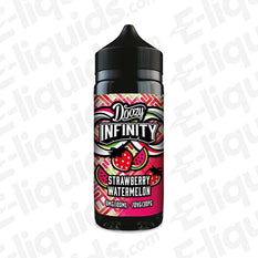 Doozy Infinity Strawberry Watermelon 70/30 100ml Shortfill with juicy Strawberries drenched in sweet Watermelon juice in red in a black bottle with label.