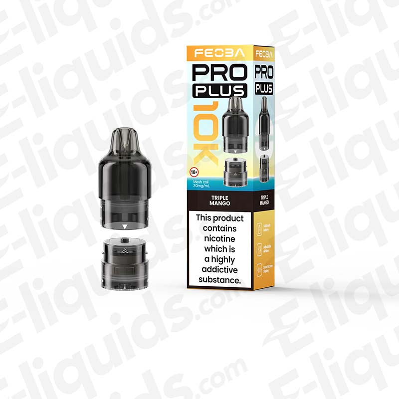 Feoba Pro Plus Triple Mango Prefilled Pod with an ultra-tropical, exotic Mango blend in bright orange and white packaging.