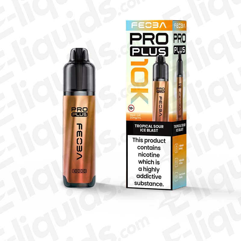 Feoba Pro Plus Tropical Sour Ice Blast Prefilled Pod Kit with tropical fruits and an icy punch in orange-blue and white packaging.