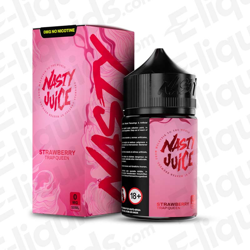 Trap Queen Shortfill E-liquid by Nasty Juice with strawberry flavor and candy notes, 50ml bottle, 0mg nicotine.