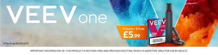 VEEV one e-cigarette promotional banner, 1 device plus 2 pods for £5.99, offer ends 30-09-2023.