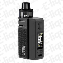 Voopoo Drag E60 Black Vape Pod Kit with display screen and PnP Pod II for DTL vaping, featuring a 2550mAh battery and 60W power output.