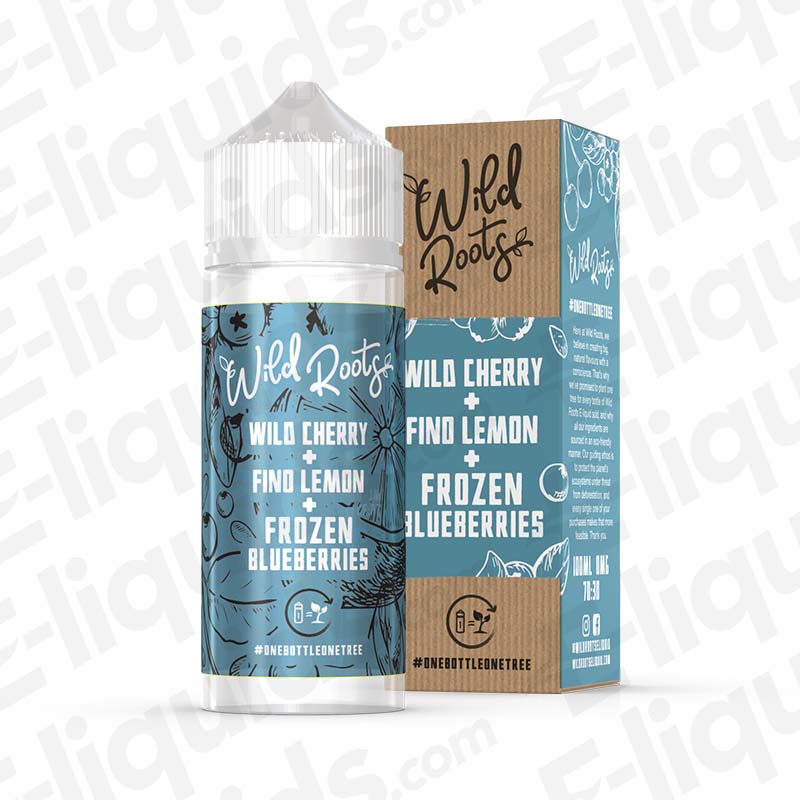Wild Cherry Shortfill E-liquid by Wild Roots in a 50ml bottle with flavors of wild cherry, fino lemon, and frozen blueberries.