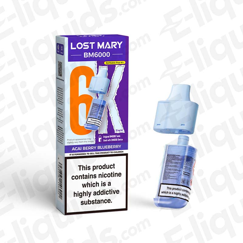 Lost Mary BM6000 Prefilled Pod in Acai Berry Blueberry flavor, compliant design, offering up to 6000 puffs for all-day vaping.