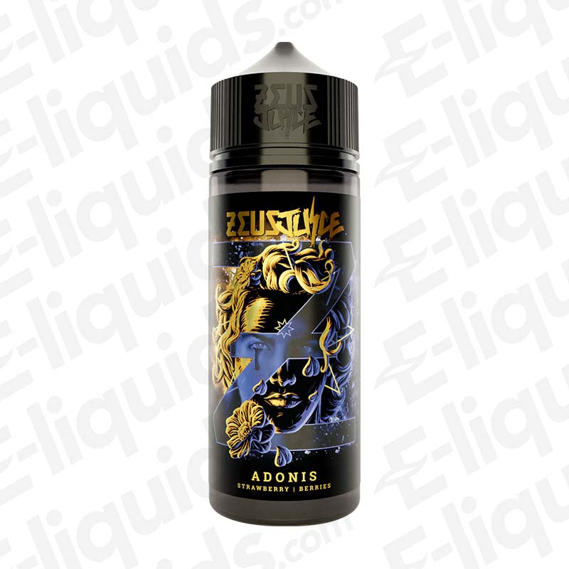 Zeus Juice Adonis 70/30 100ml Shortfill Vape Juice 0mg 100ml bottle with Adonis label art in black, gold and blue packaging
