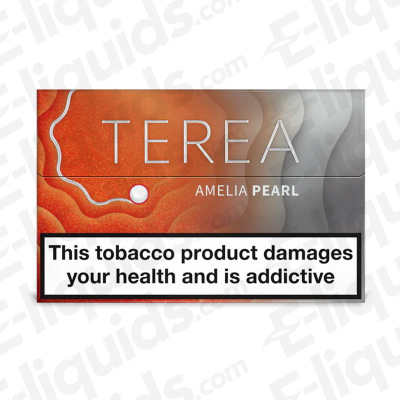 IQOS TEREA Amelia Pearl heated tobacco sticks packaging with health warning.