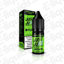 Apple & Pear On Ice E-liquid by Just Juice in a 10ml bottle, showcasing vibrant packaging with menthol fruit design.