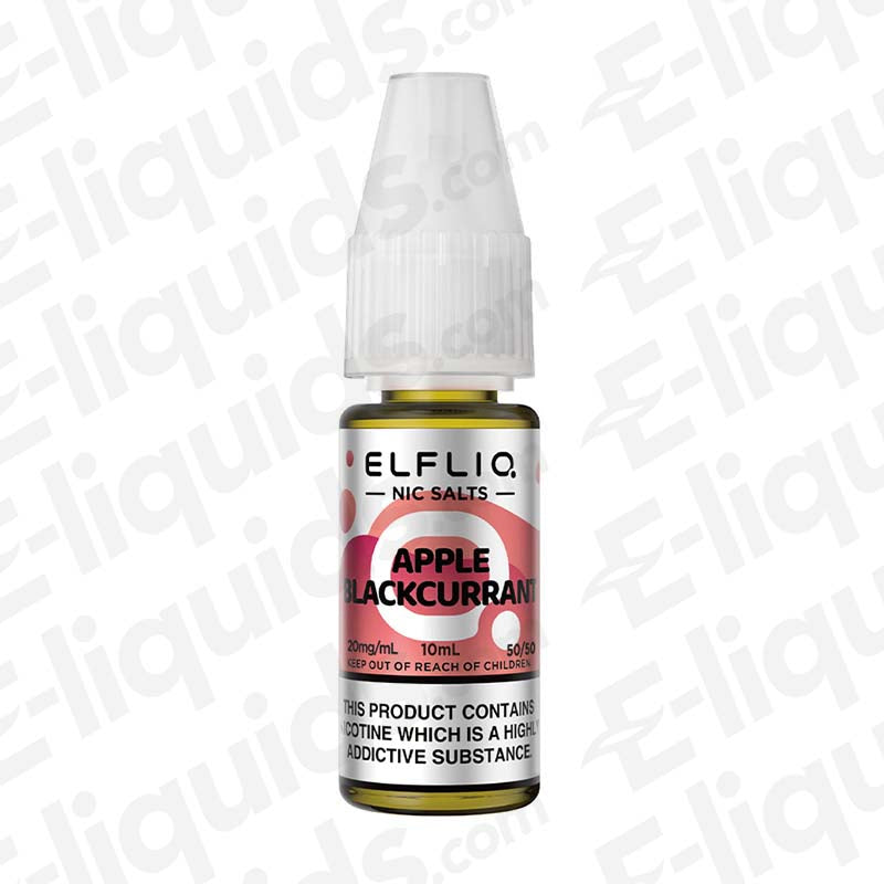 Apple Blackcurrant Nic Salt E-liquid by ELFLIQ in 10ml bottle with 50/50 VG/PG mix, showcasing fruity apple and blackcurrant flavors.