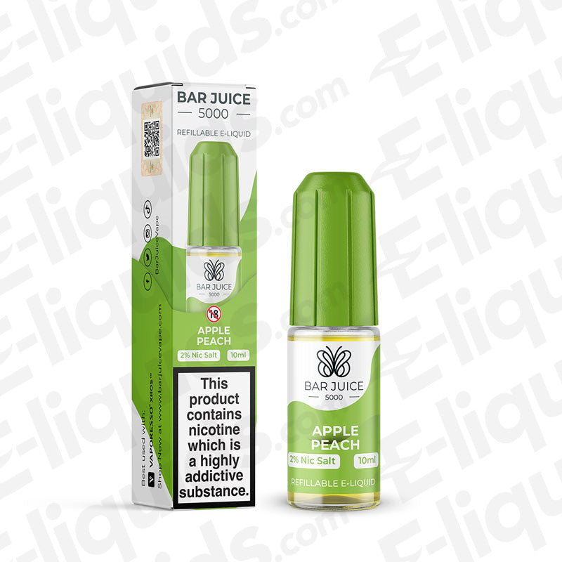 Apple Peach Nic Salt E-liquid by Bar Juice 5000 in a 10ml bottle with green cap and box packaging, 20mg nicotine strength.