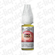 ELFLIQ Apple Peach Nic Salt E-liquid bottle, 10ml with nicotine salts, featuring a sweet apple and peach flavor for vaping.