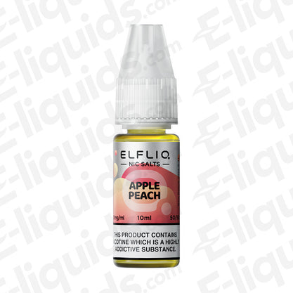 ELFLIQ Apple Peach Nic Salt E-liquid bottle, 10ml with nicotine salts, featuring a sweet apple and peach flavor for vaping.