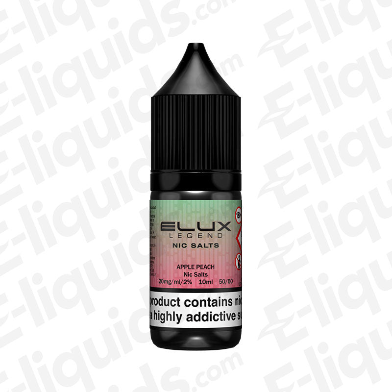 Apple Peach Nic Salt E-liquid by Elux Legend in a 30ml bottle, featuring a blend of sweet fruit flavors.