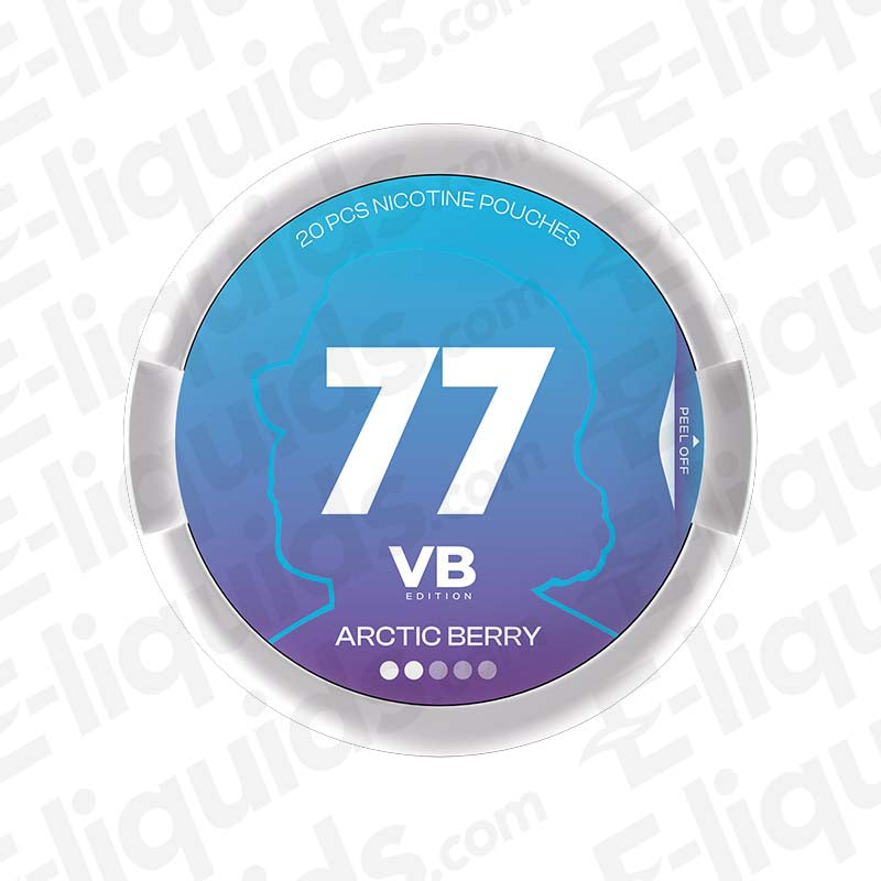 Arctic Berry 77 VB Edition Nicotine Pouches can, 20 pouches per can, available in 5.2mg, 10.4mg, and 20mg strength options.