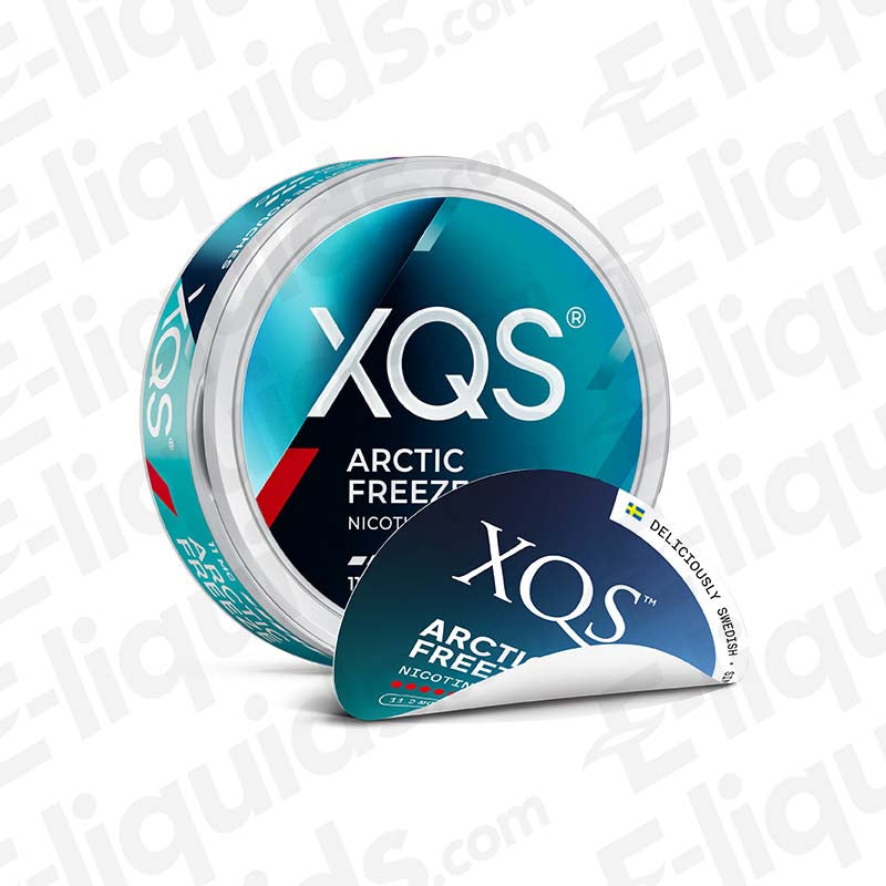 XQS Arctic Freeze Nicotine Pouches with an intense, icy Peppermint blast in dark blue and black packaging. 