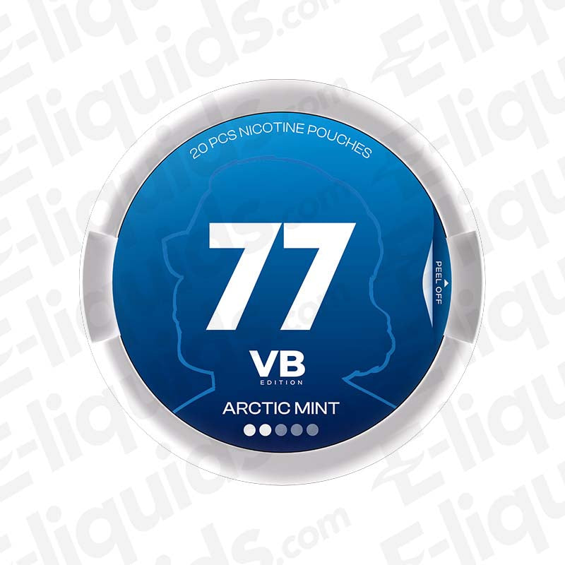 Arctic Mint 77 VB Edition Nicotine Pouches, 20 pouches per can, available in 5.2mg or 10.4mg strength.