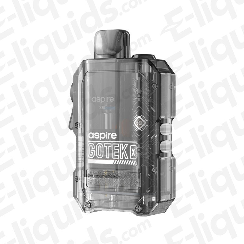 Aspire Gotek X vape pod kit in clear design, compact matchbox-style with adjustable airflow and built-in battery.
