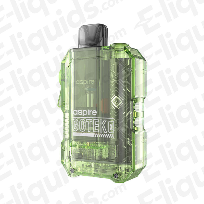 Aspire Gotek X vape pod kit in transparent green design, compact, with MTL and RDTL airflow control.