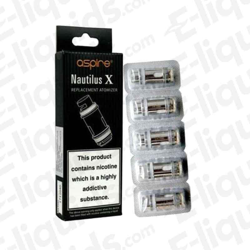 Aspire Nautilus X Replacement Vape Coils Pack of 5 with warning label, suitable for mouth to lung vaping with 50/50 e-liquids.