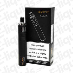 Aspire PockeX AIO Vape Kit with built-in battery and packaging displaying nicotine warning.