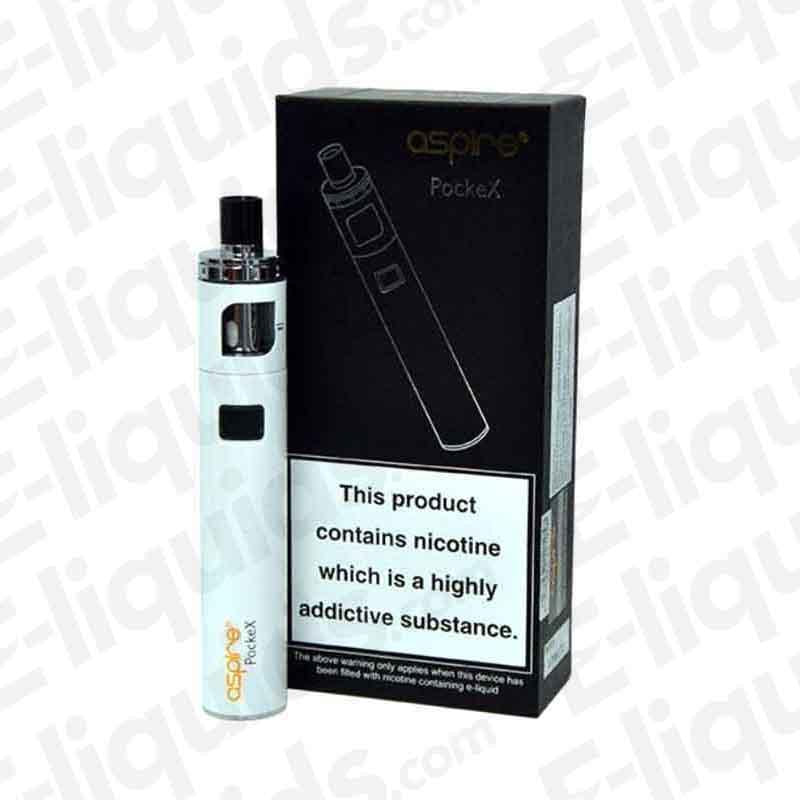 Aspire PockeX AIO vape kit with nicotine warning and sleek design for beginner vapers.