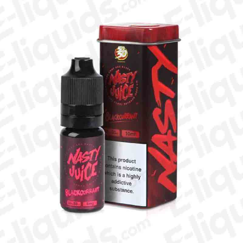 Bad Blood Nic Salt E-liquid by Nasty Juice in 10ml bottle featuring blackcurrant and mint flavor.
