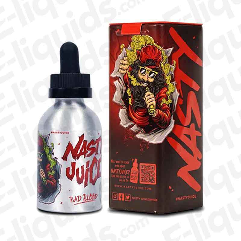 Bad Blood Shortfill E-liquid by Nasty Juice, featuring blackcurrant and mint flavors in a sleek bottle.